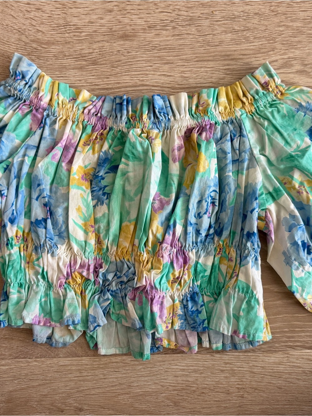 Zara Multicolor Floral Smocked Maxi Skirt in Pastel Greens, Yellows & Purples